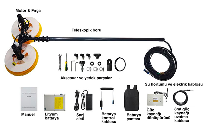 Panel Cleaning Brush with Brushless DC Motor, Battery, Pump and 220V Electricity Supply (7.5 metres)